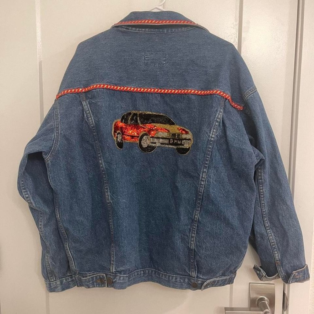 Vintage Retro Denim BMW Sequined Jean Jacket 70s Drive In